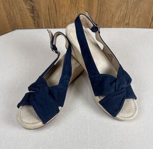 Lands’ End 508550 Navy Suede Slingback Wedge Sandals Espadrille Women 10B